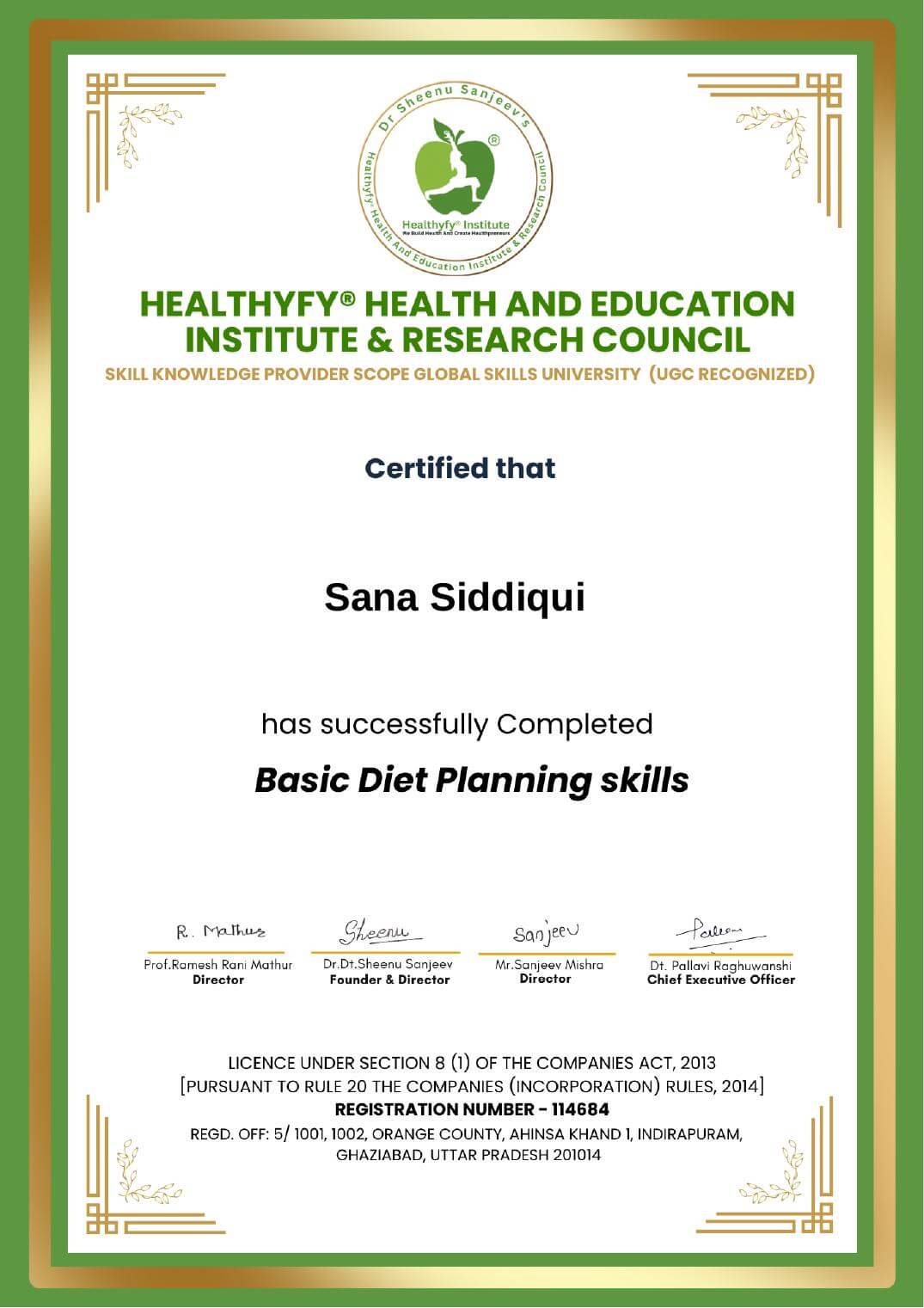 Basic Diet Planning Certificate