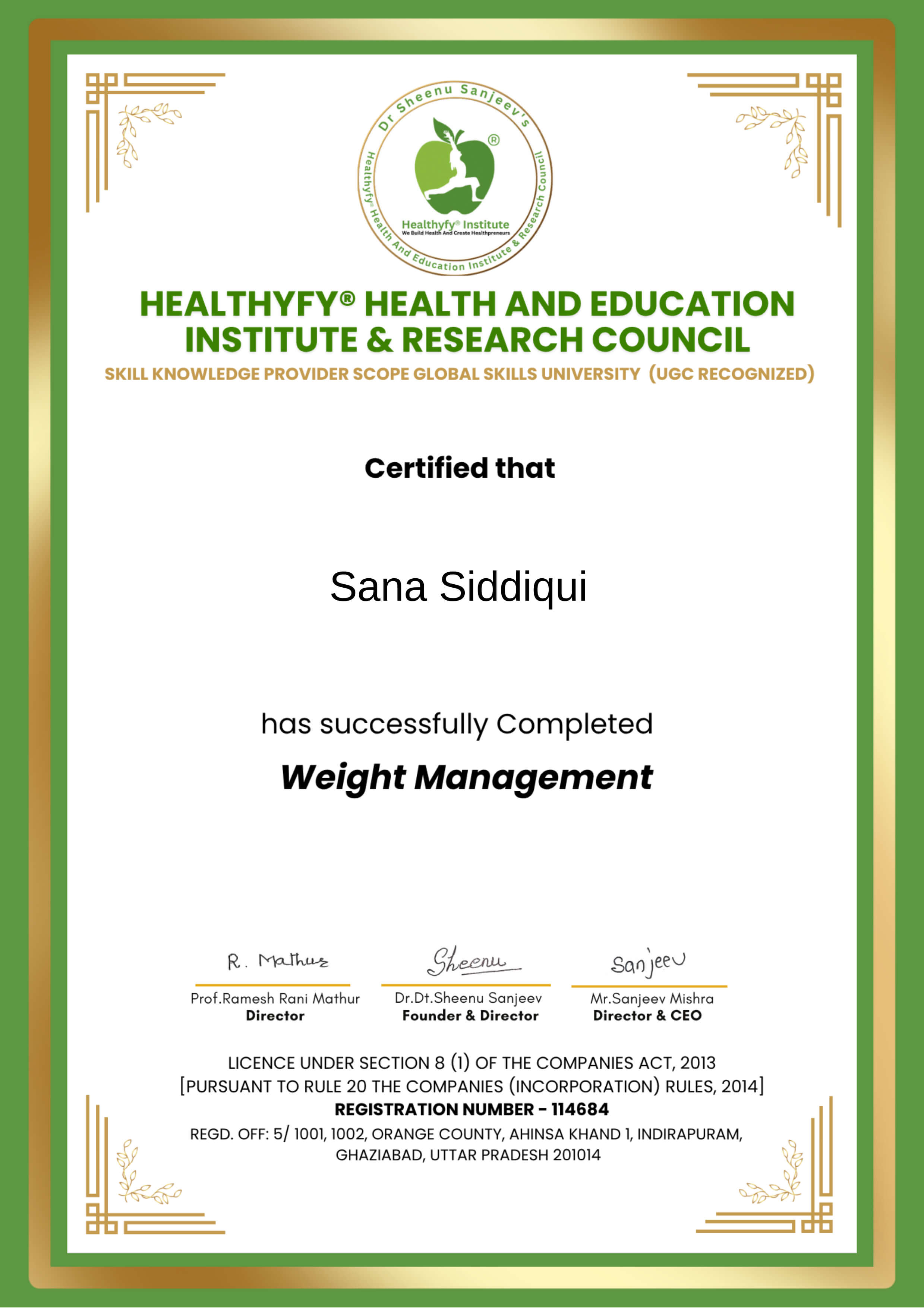 Weight Management Certificate