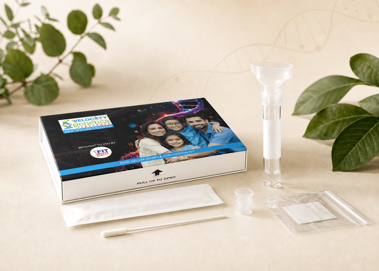 Illustrative DNA saliva sample collection kit